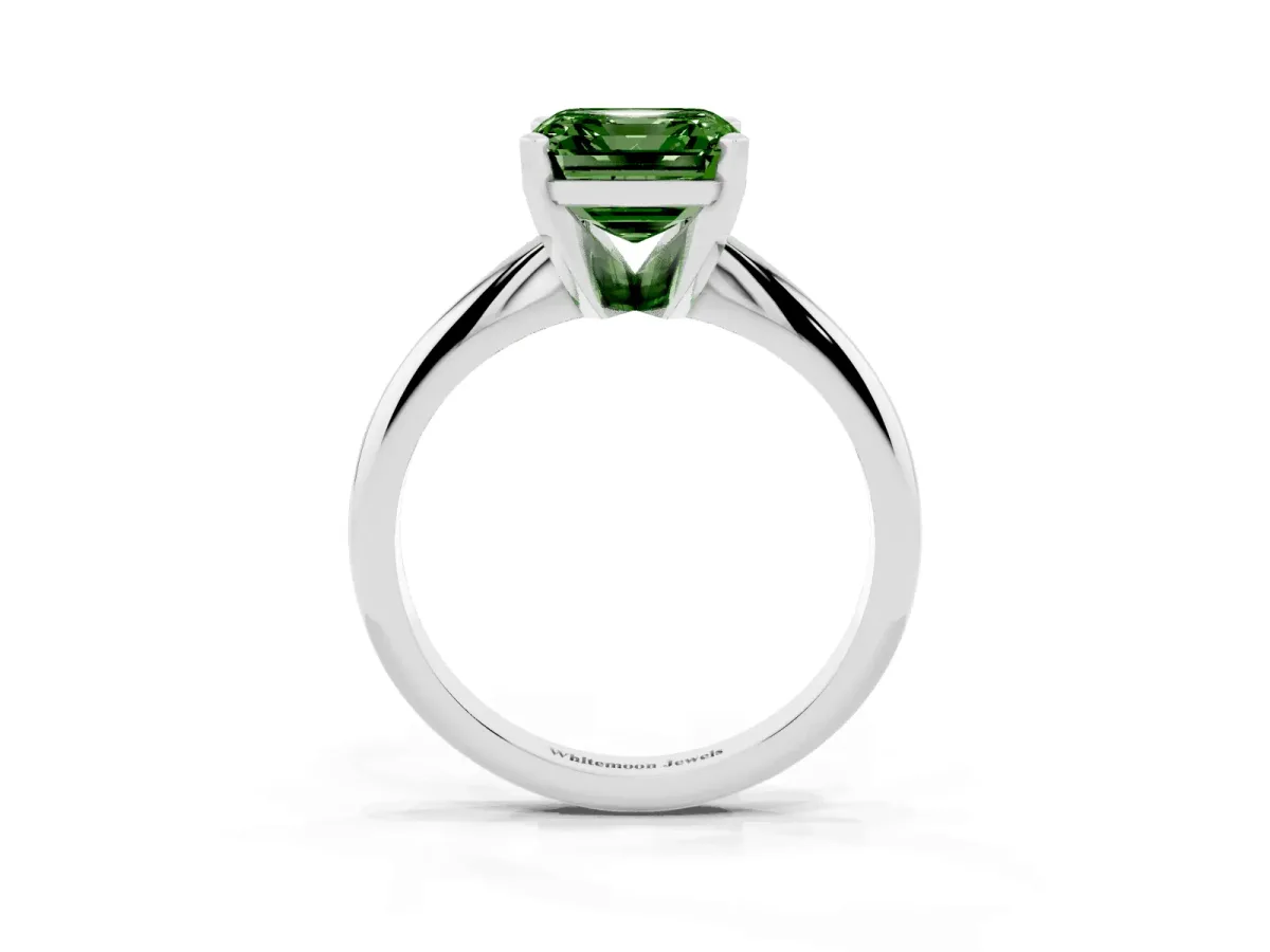 Fancy Green Asscher Cut Cut Solitaire Ring with Four-Prong Setting on a Classic Band Silver