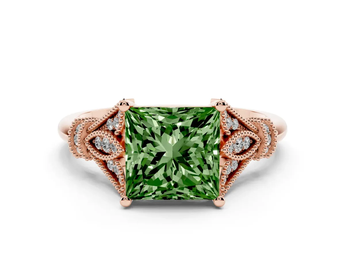 Fancy Green Princess Cut Diamond Solitaire Ring with Floral Filigree and Pave Accents Rose gold