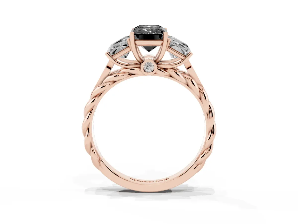Fancy Black Three-Stone Emerald Cut Diamond Braided Band Ring with Four-Prong Setting Rose gold