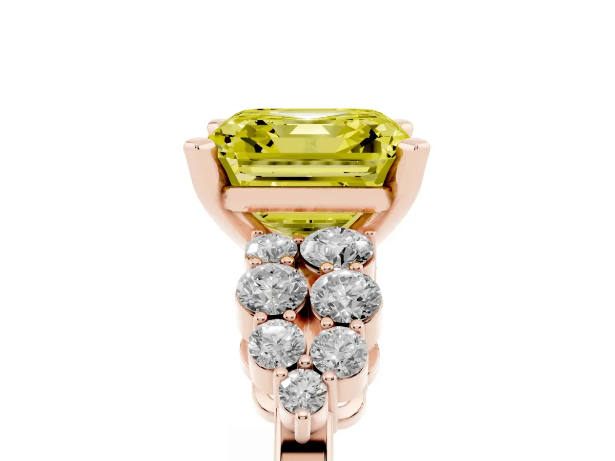 Fancy Yellow Asscher Cut Cluster Diamond Engagement Ring with Pavé Band and Four-Prong Setting Rose gold
