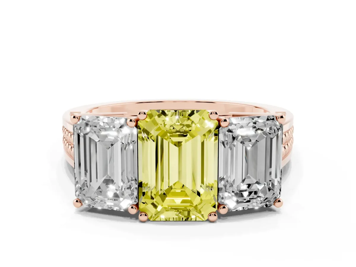 Fancy Yellow Emerald Cut Diamond Three-Stone Ring with Prong Setting and Textured Band Rose gold