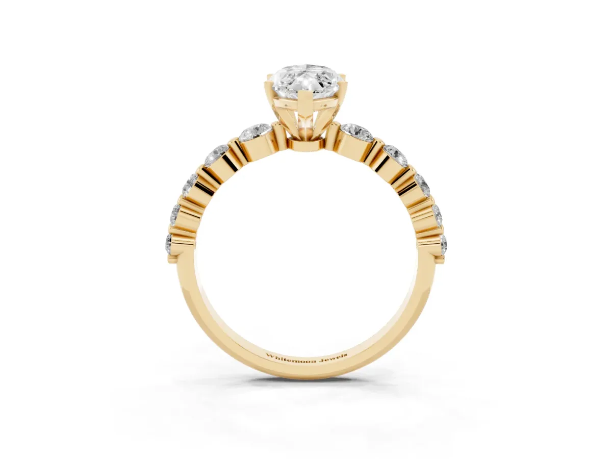Marquise Cut Solitaire Diamond Ring with Pave Band and Four-Prong Setting Yellow gold
