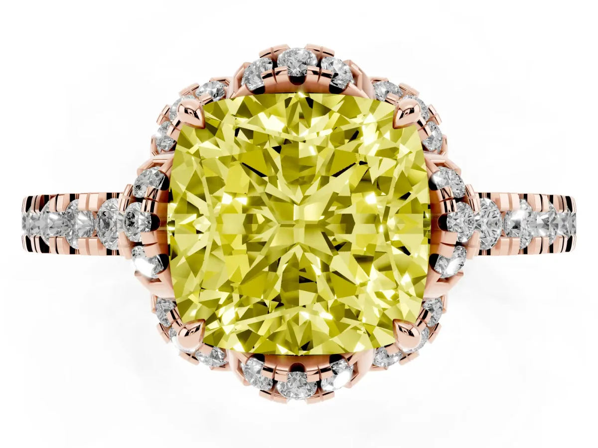 Fancy Yellow Cushion Cut Halo Diamond Pave Band Ring with Four-Prong Setting Rose gold