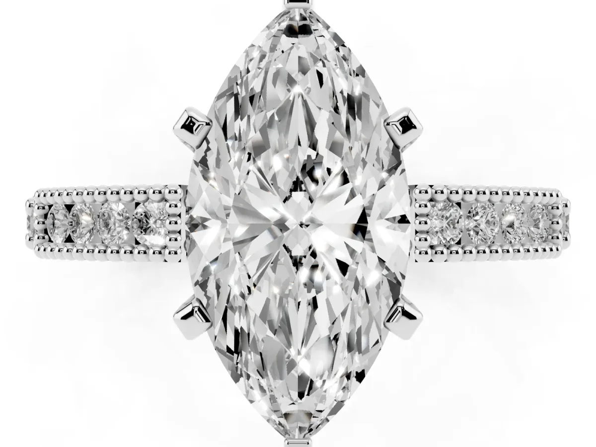 Marquise Cut Solitaire with Pavé Band and Four-Prong Setting Silver
