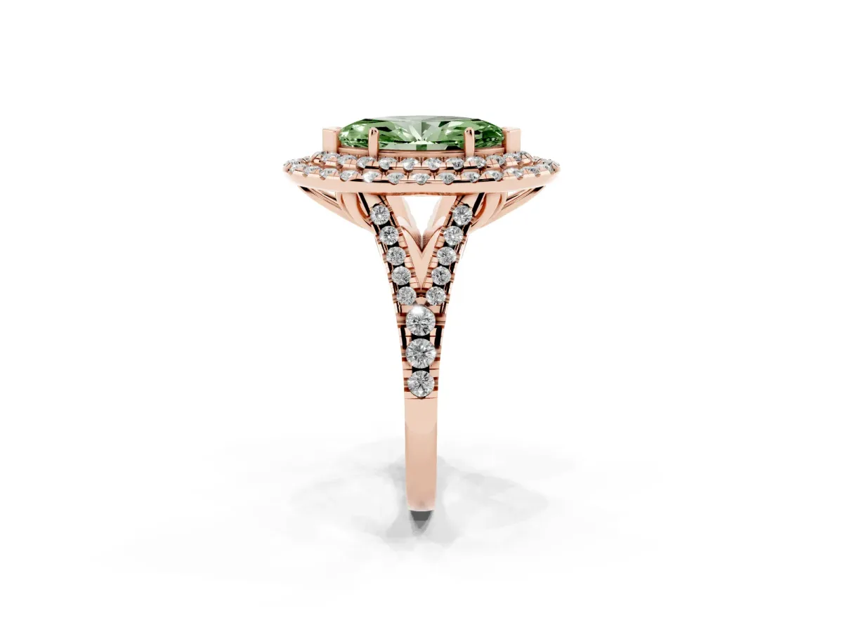 Fancy Green Double Halo Marquise Cut Diamond Pavé Split Shank Ring with Prong Setting Rose gold