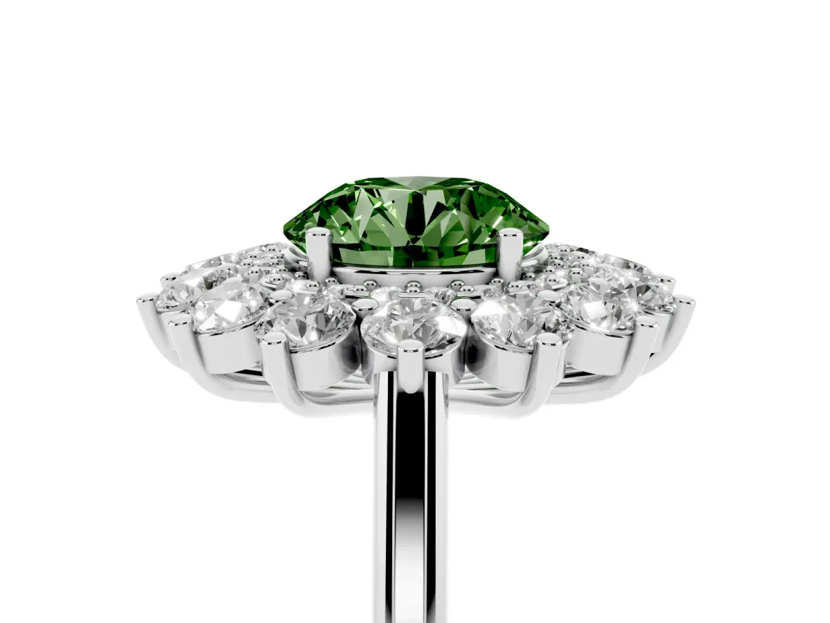 Fancy Green Round Cut Diamond Floral Double Halo Engagement Ring with Prong Setting Platinum