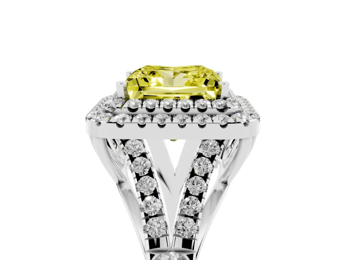 Fancy Yellow Princess Cut Cut Double Halo Split Shank Diamond Ring with Prong Setting Silver