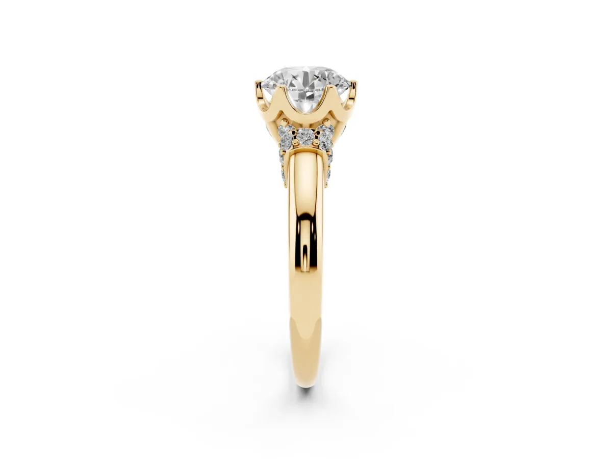 Round Cut Brilliant Solitaire Cathedral Engagement Ring with Pave Accents Yellow gold