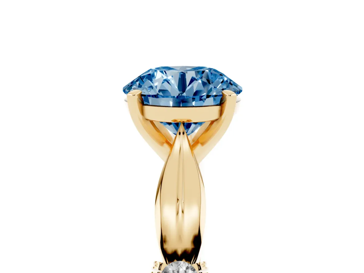 Fancy Blue Round Cut Solitaire Diamond Twisted Band with Four-Prong Setting Yellow gold