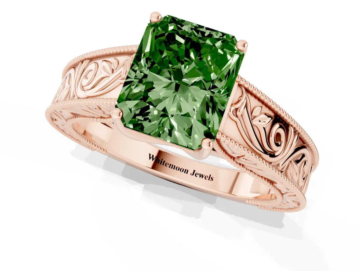 Fancy Green Radiant Cut Diamond Solitaire Ring with Engraved Band and Four-Prong Setting Rose gold