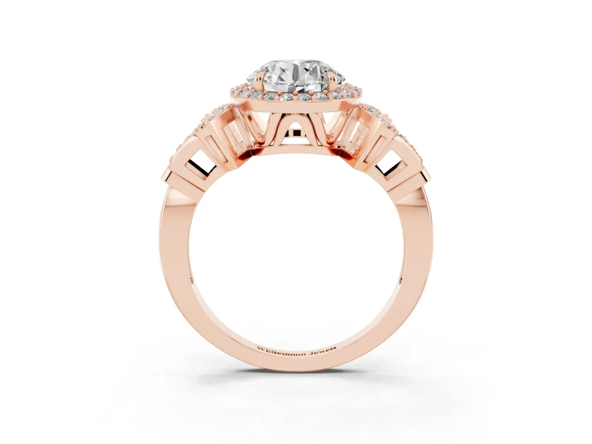 Round Cut Halo Diamond Split Shank Engagement Ring with Four-Prong Setting Rose gold