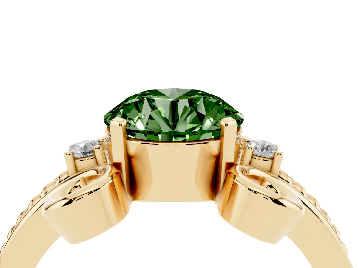 Fancy Green Round Cut Solitaire Twisted Band Scroll Prong Ring Yellow gold