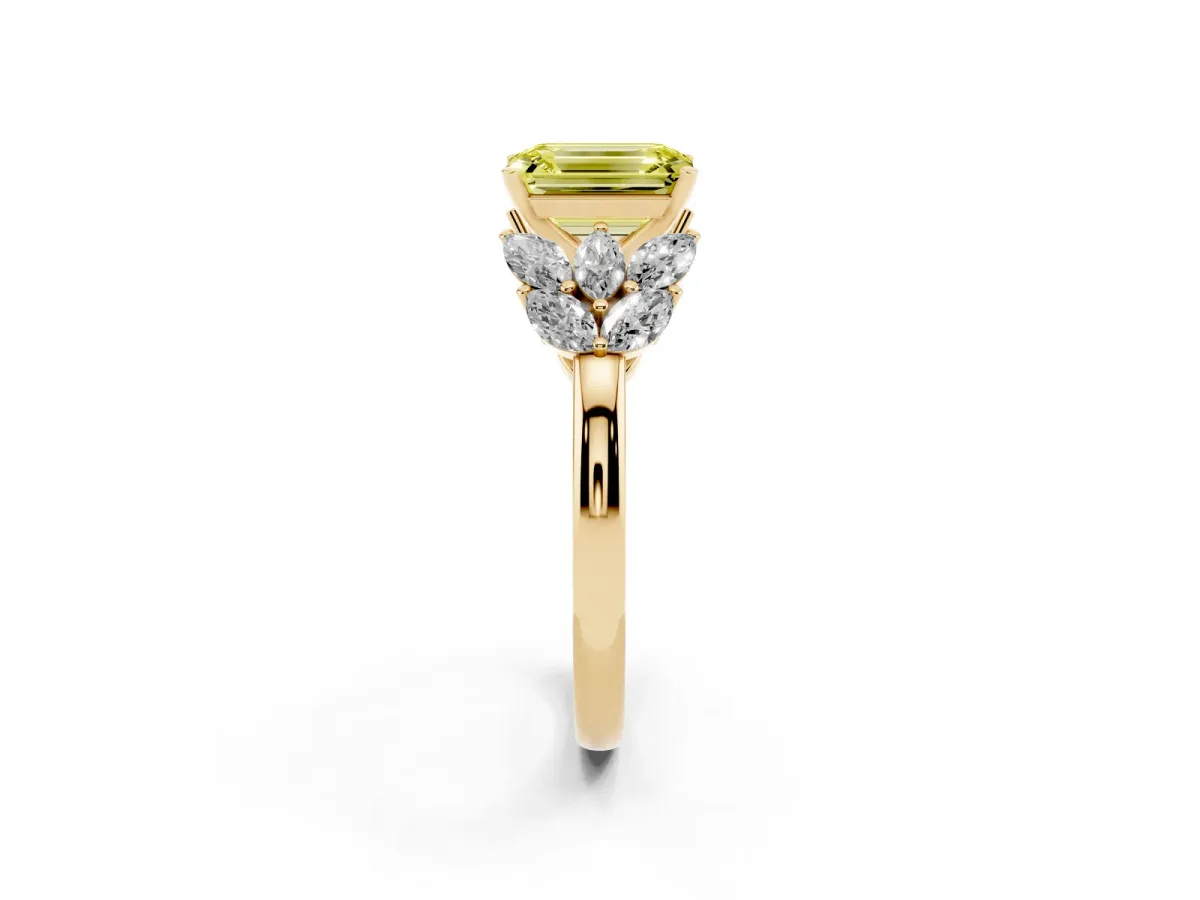 Fancy Yellow Emerald Cut Diamond Cluster Leaf Design Ring with Prong Setting Yellow gold