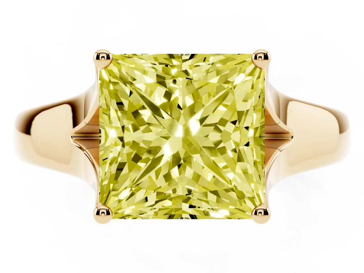 Fancy Yellow Princess Cut Solitaire Diamond Ring with Cathedral Band and Four-Prong Setting Yellow gold