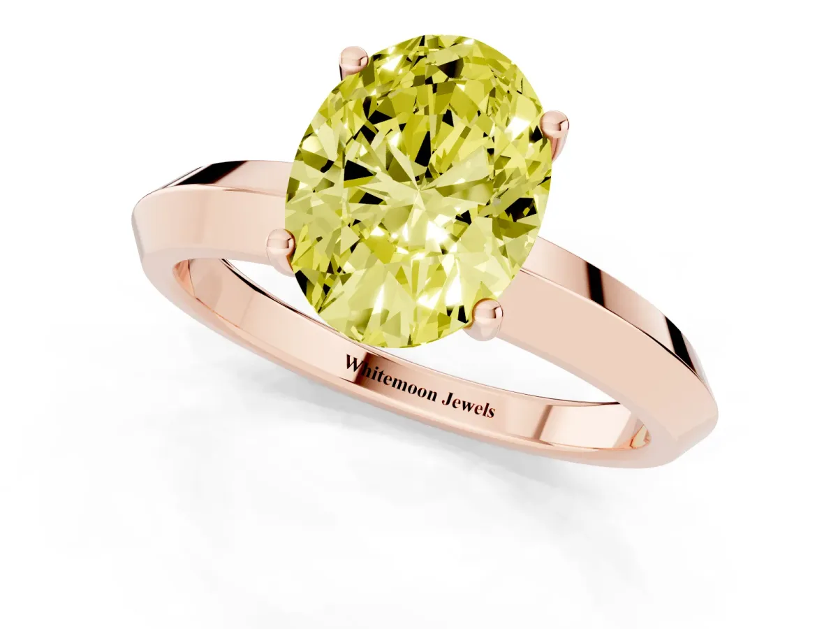 Fancy Yellow Oval Cut Cut Solitaire Engagement Ring with Flat Band and Four-Prong Setting Rose gold