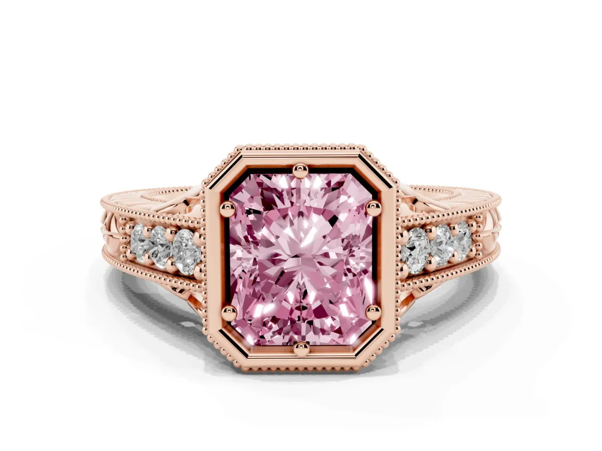 Fancy Pink Bezel Set Radiant Cut Diamond Milgrain Pave Engagement Ring Rose gold
