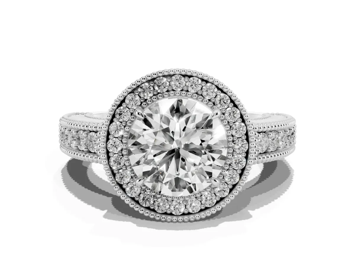 Round Cut Cut Halo Diamond Ring with Pavé Band and Four-Prong Setting Silver