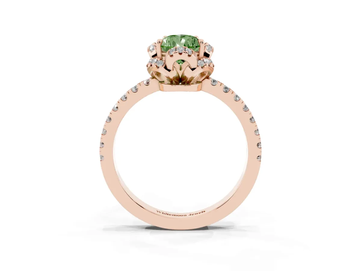 Fancy Green Pear Cut Halo Diamond Pave Band Ring with Four-Prong Setting Rose gold