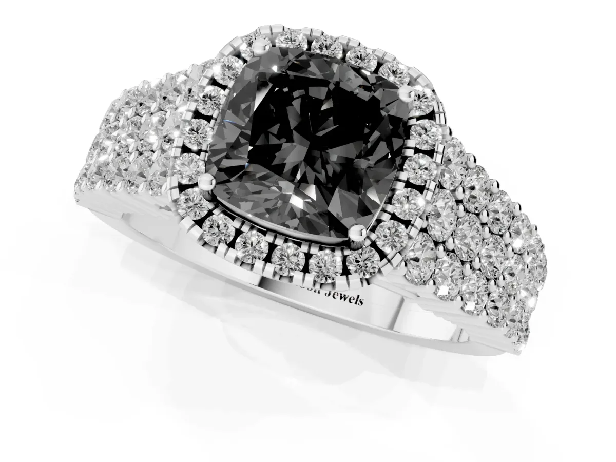 Fancy Black Cushion Cut Diamond Halo Engagement Ring with Triple Row Round Pavé Band and Prong Setting Silver