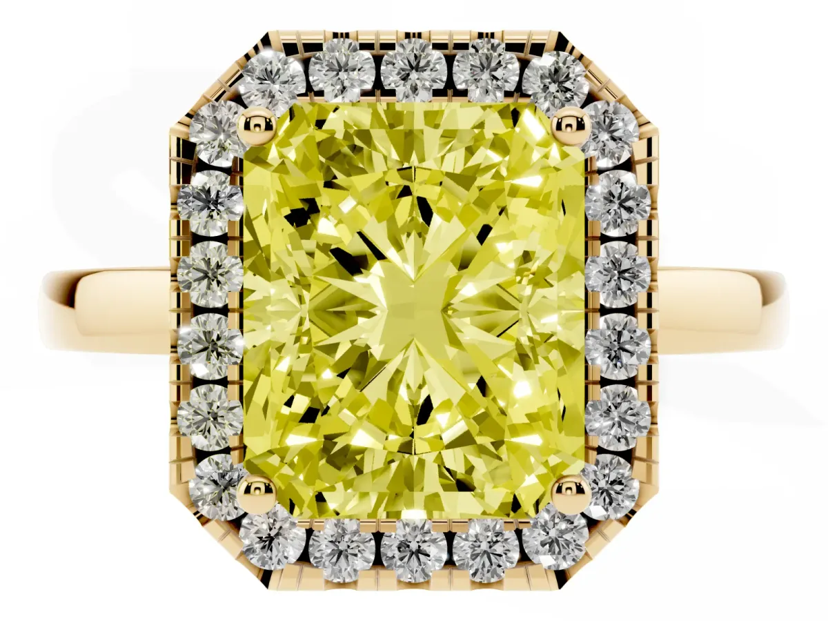 Fancy Yellow Radiant Cut Halo Diamond Solitaire with Pavé Band and Four-Prong Setting Yellow gold
