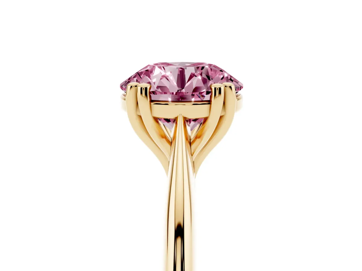 Fancy Pink Round Cut Solitaire Diamond Ring with Six-Prong Setting and Classic Band Yellow gold