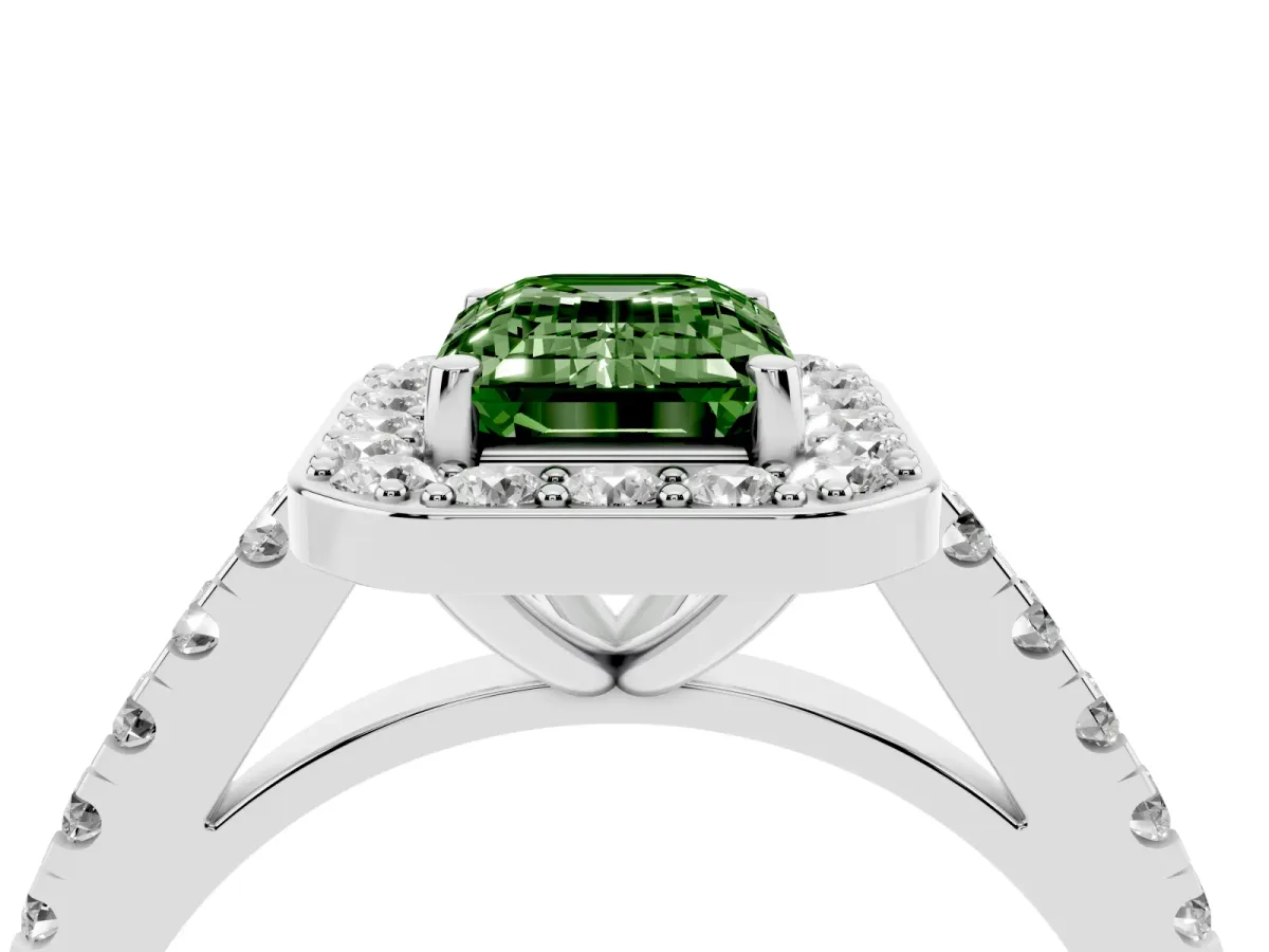Fancy Green Emerald Cut Diamond Halo Ring with Round Pavé Split Shank and Prong Setting Platinum