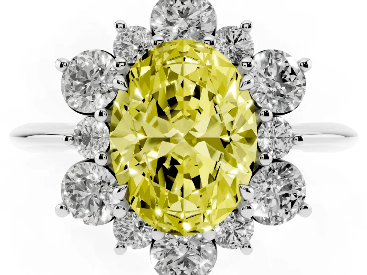 Fancy Yellow Oval Cut Diamond Cluster Halo Ring with Solitaire Band and Four-Prong Setting Silver