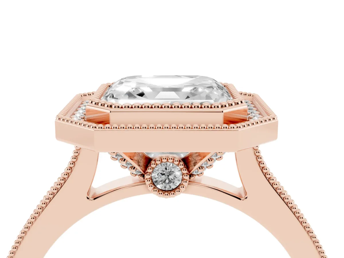 Halo Asscher Cut-Cut Diamond Pave Band Milgrain Prong Setting Ring Rose gold