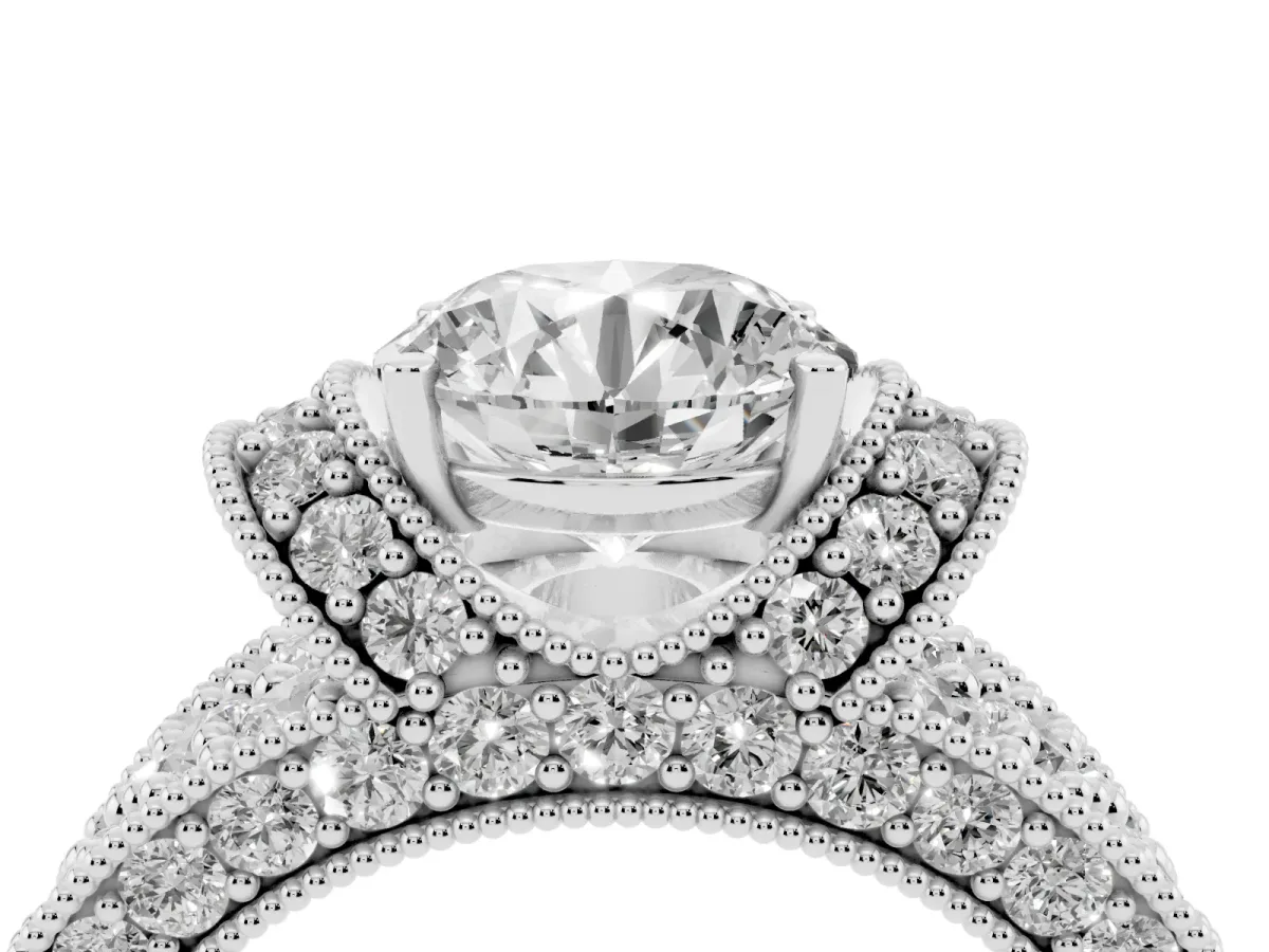 Round Cut Halo Pave Diamond Engagement Ring with Milgrain Detailing Silver