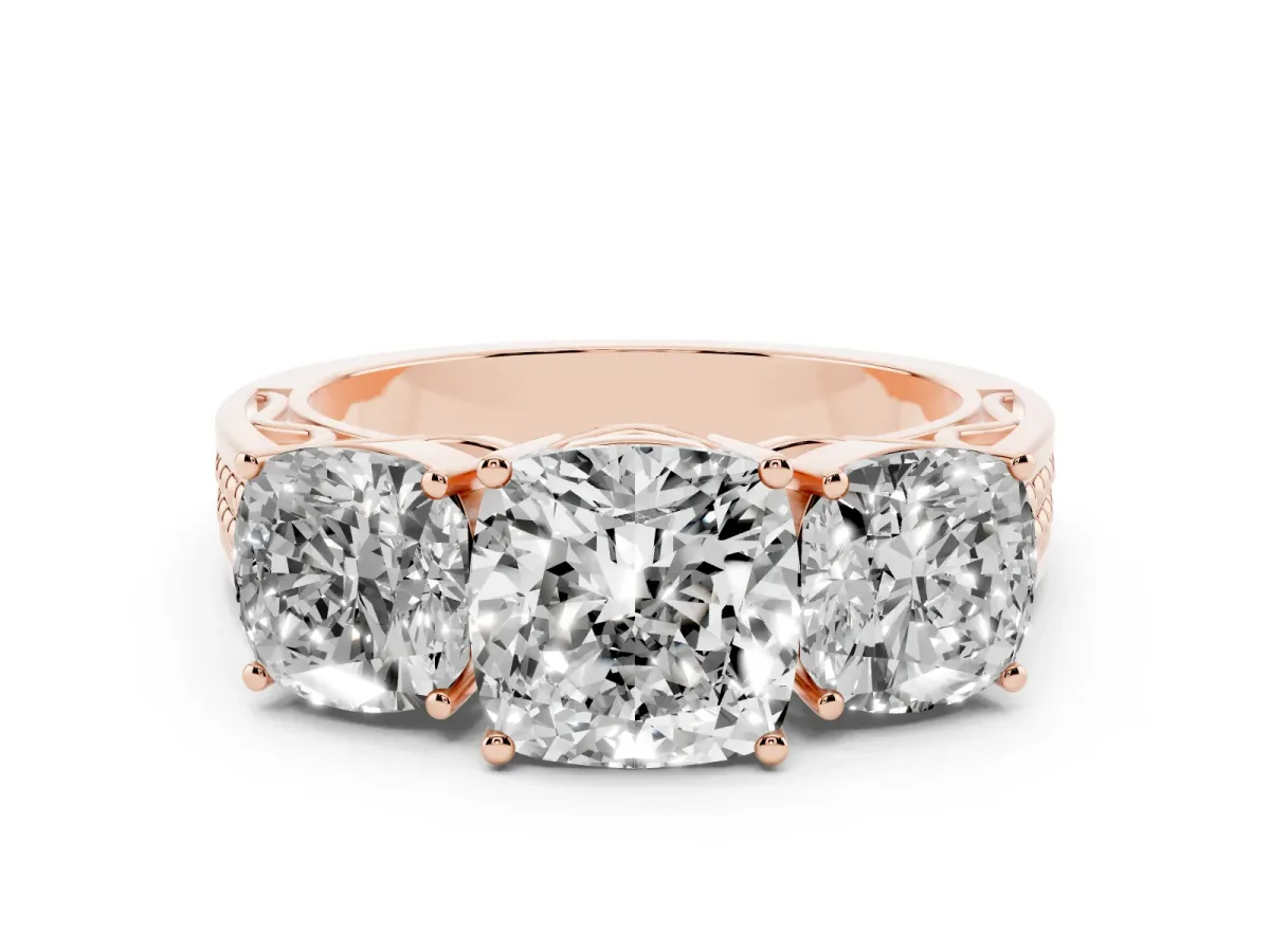 Cushion Cut Diamond Three-Stone Ring with Prong Setting and Textured Band Rose gold