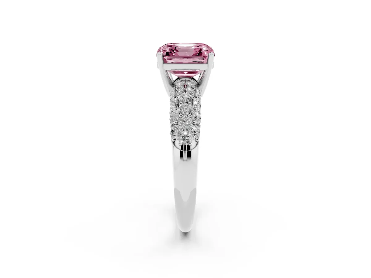 Fancy Pink Asscher Cut Diamond Pavé Band Solitaire Ring with Four-Prong Setting Platinum