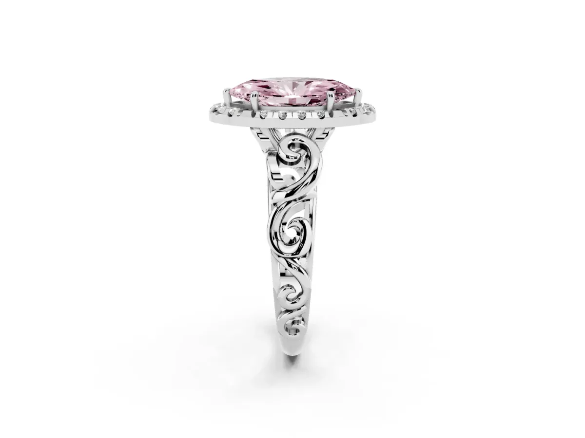 Fancy Pink Marquise Cut Cut Halo Diamond Ring with Scrollwork Band and Four-Prong Setting Silver