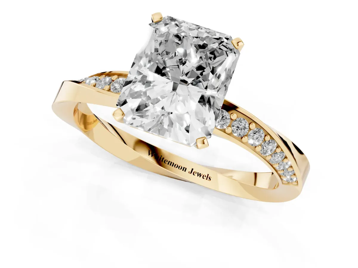 Radiant Cut Diamond Engagement Ring with Side Stone Accents and Four-Prong Setting Yellow gold