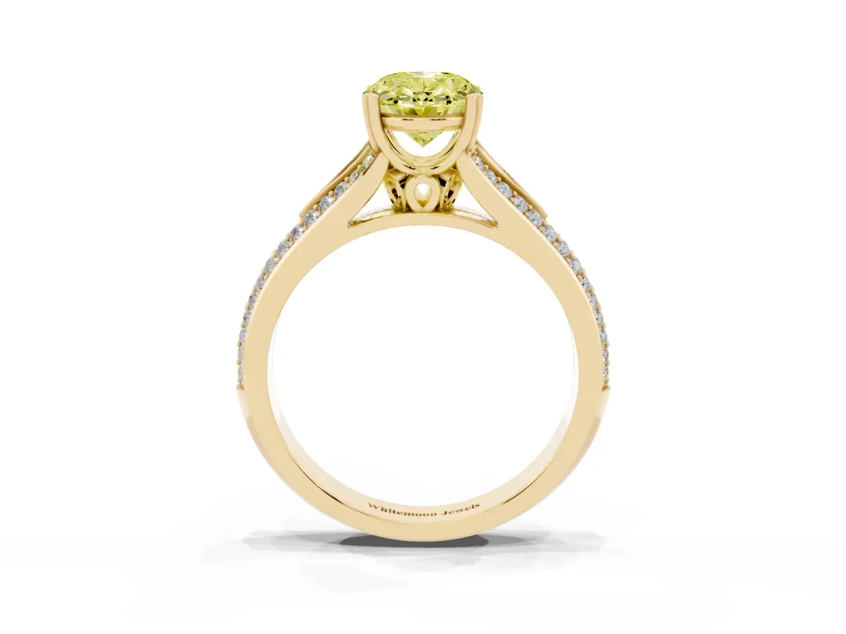 Fancy Yellow Oval Cut Diamond Split Shank Engagement Ring with Pavé Band Yellow gold