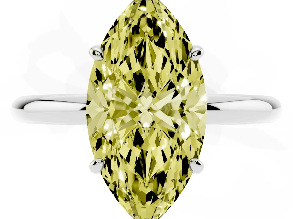 Fancy Yellow Oval Cut Solitaire Diamond Ring with Four-Prong Setting on a Plain Band Platinum