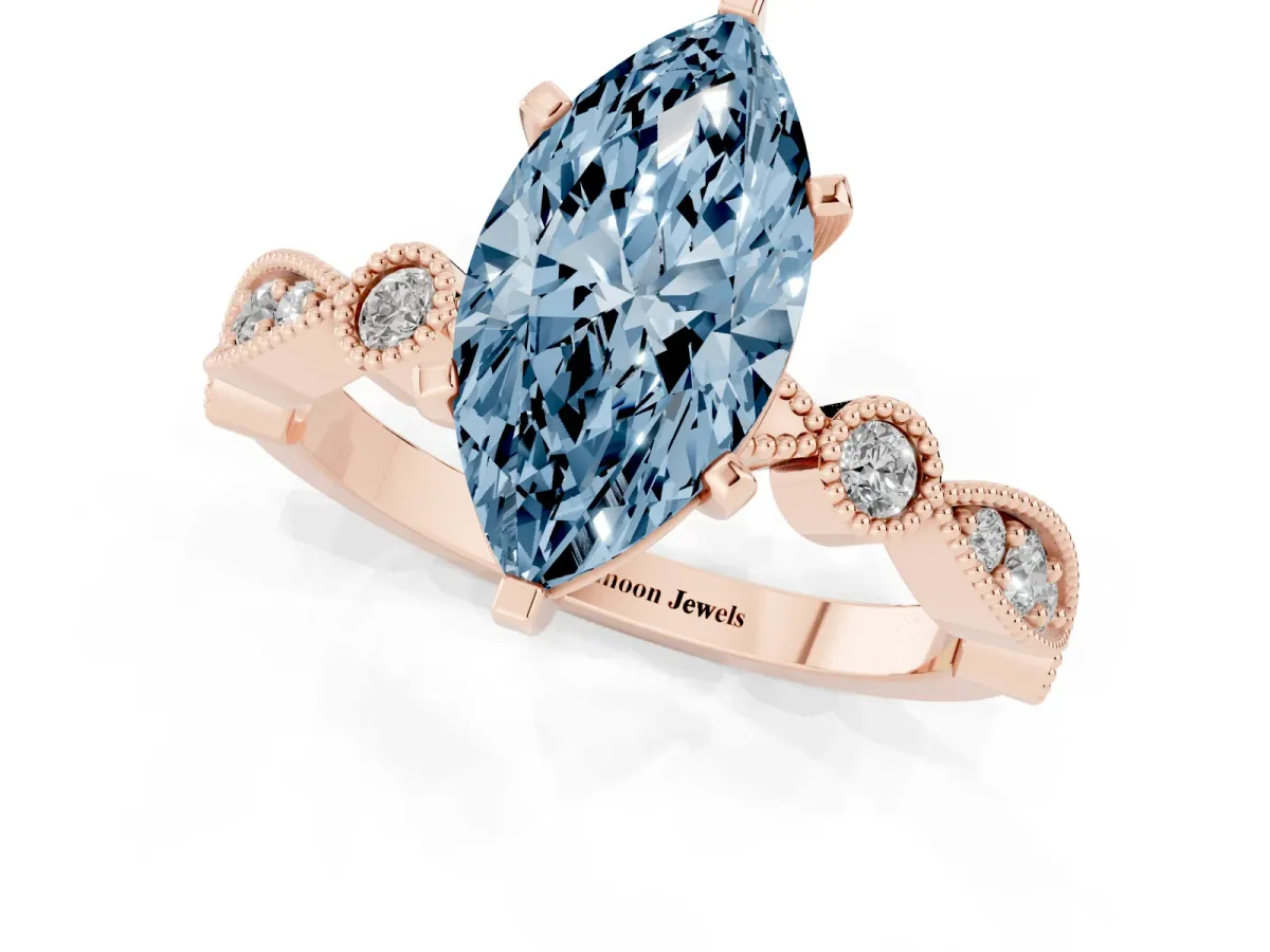 Fancy Blue Marquise Cut Milgrain Bezel Diamond Engagement Ring with Solitaire Prong Setting Rose gold