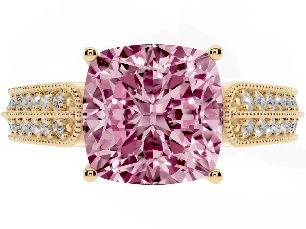 Fancy Pink Cushion Cut Cut Pave Split Shank Engagement Ring with Four-Prong Setting Yellow gold