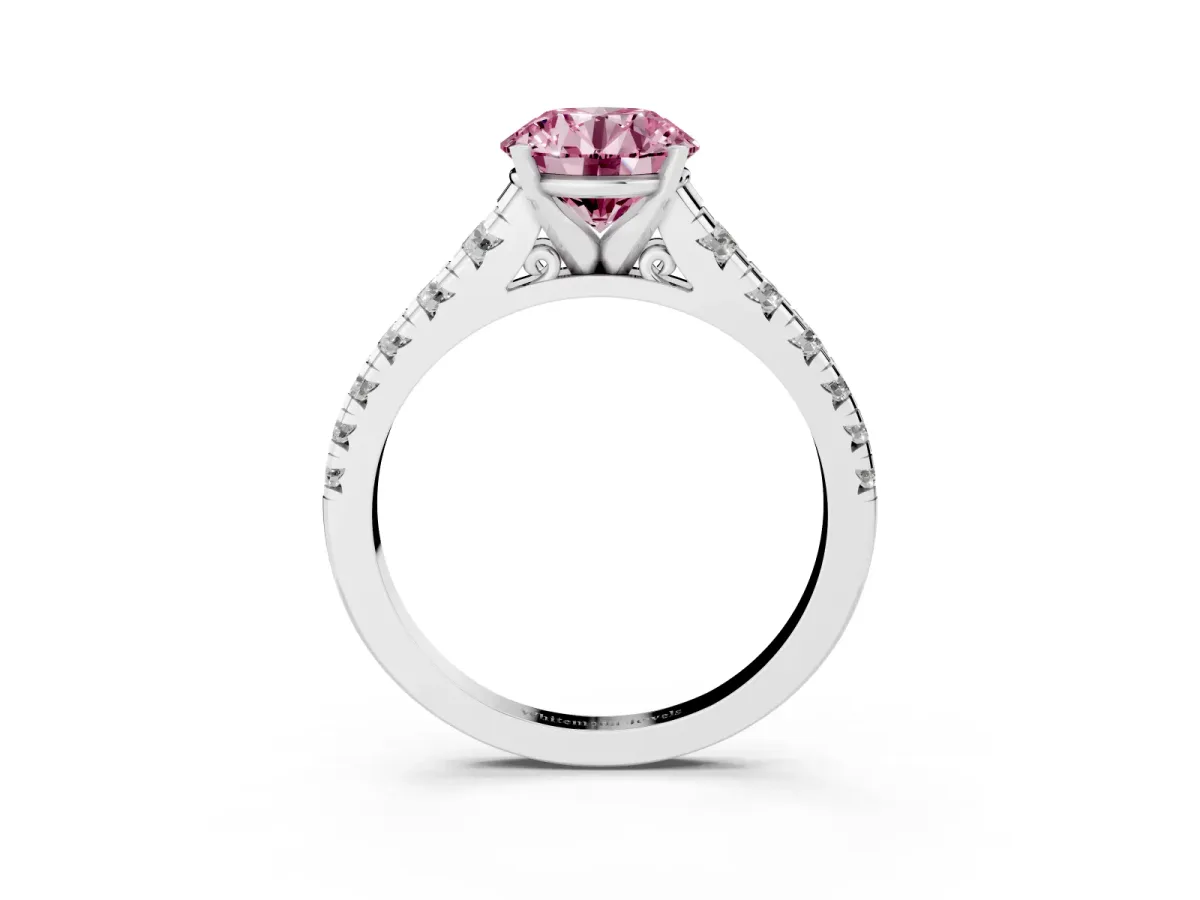 Fancy Pink Round Cut Diamond Cathedral Solitaire Ring with Round Pavé Band White gold