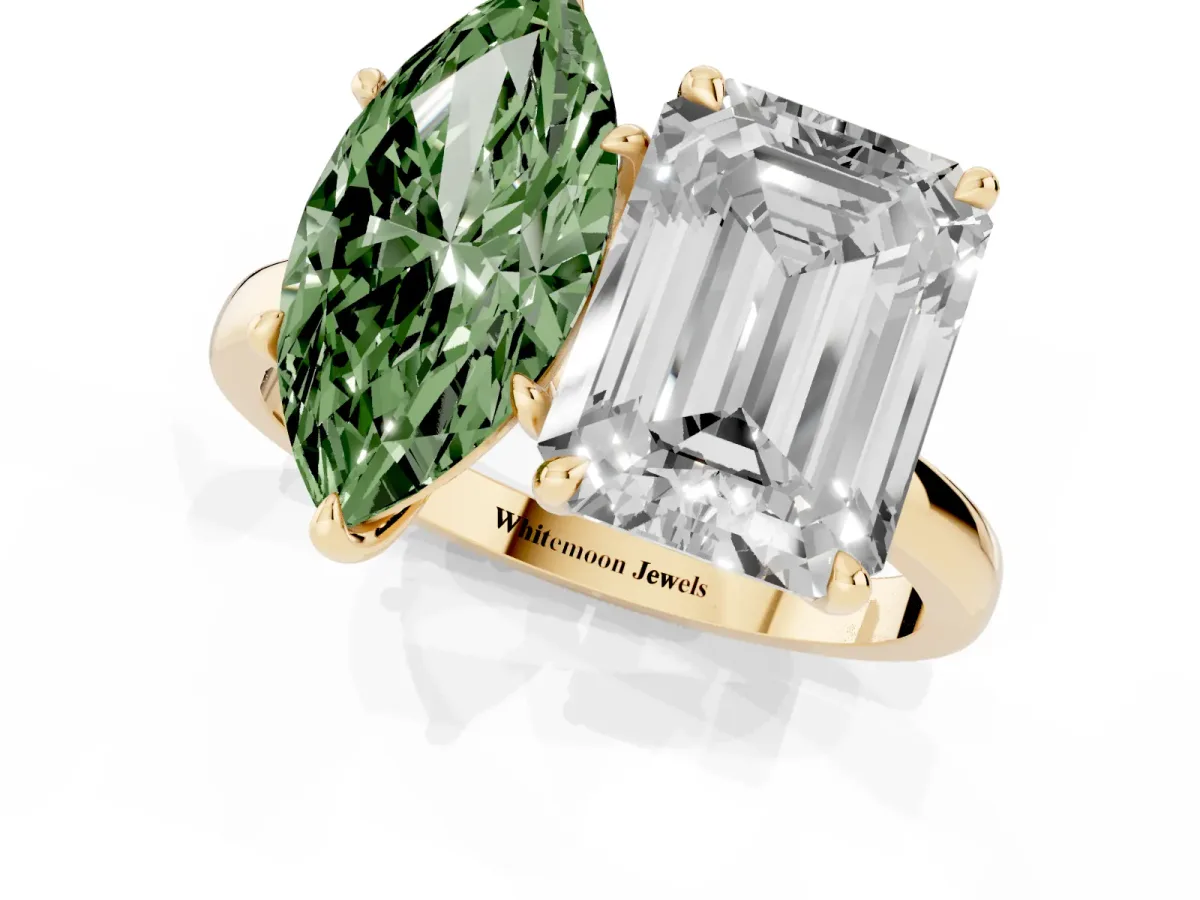 Fancy Green Marquise Cut and Emerald Cut Toi Moi Ring with Prong Setting Yellow gold