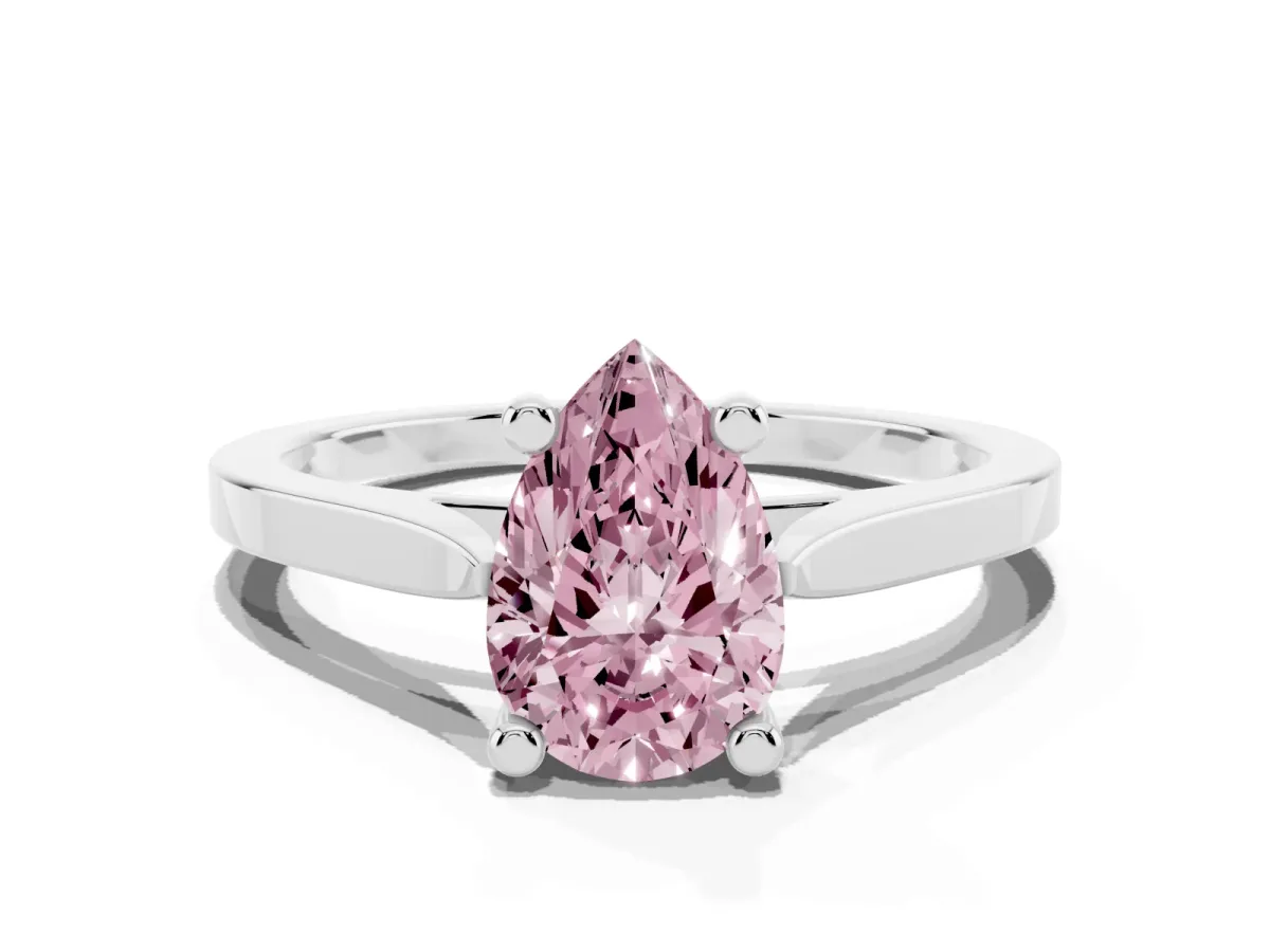 Fancy Pink Pear Cut Solitaire Diamond Ring with Four-Prong Setting and Tapered Band Platinum