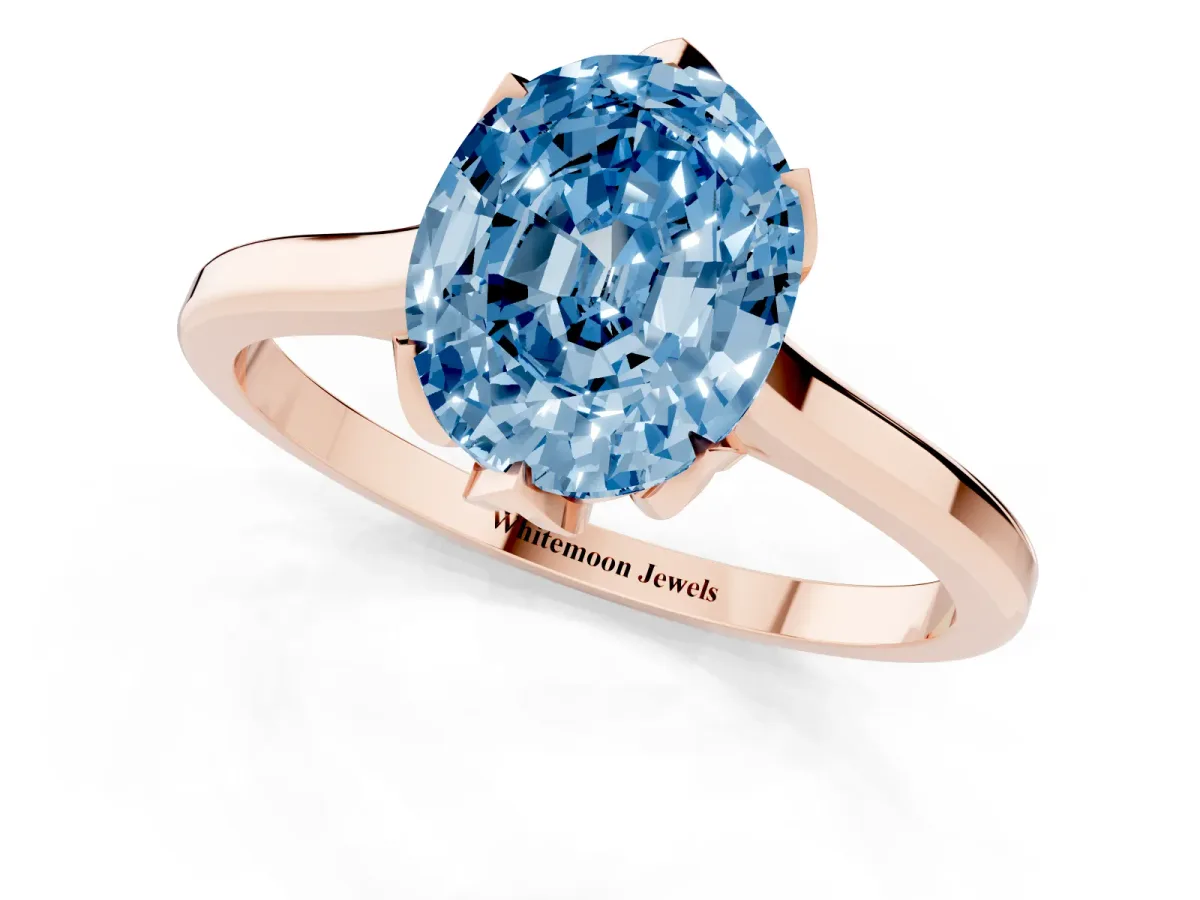 Fancy Blue Oval Cut Diamond Solitaire Ring with Flower Prong Setting and Classic Band Rose gold