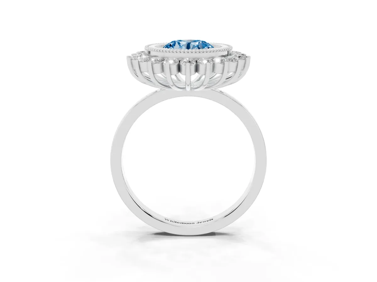Fancy Blue Round Cut Halo Diamond Ring with Milgrain Edge and Round Prong Setting Silver