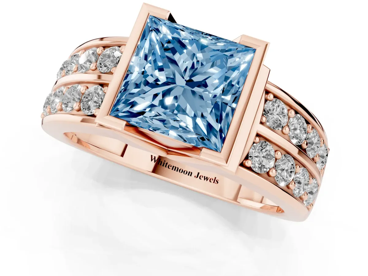 Fancy Blue Princess Cut Brilliant Diamond Channel Set Wide Band Ring with Bezel Setting Rose gold