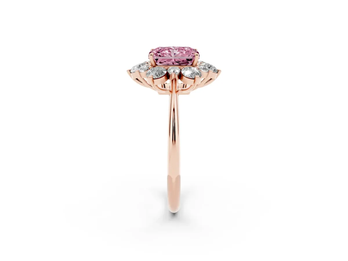Fancy Pink Radiant Cut Diamond Cluster Halo Ring with Solitaire Band and Four-Prong Setting Rose gold