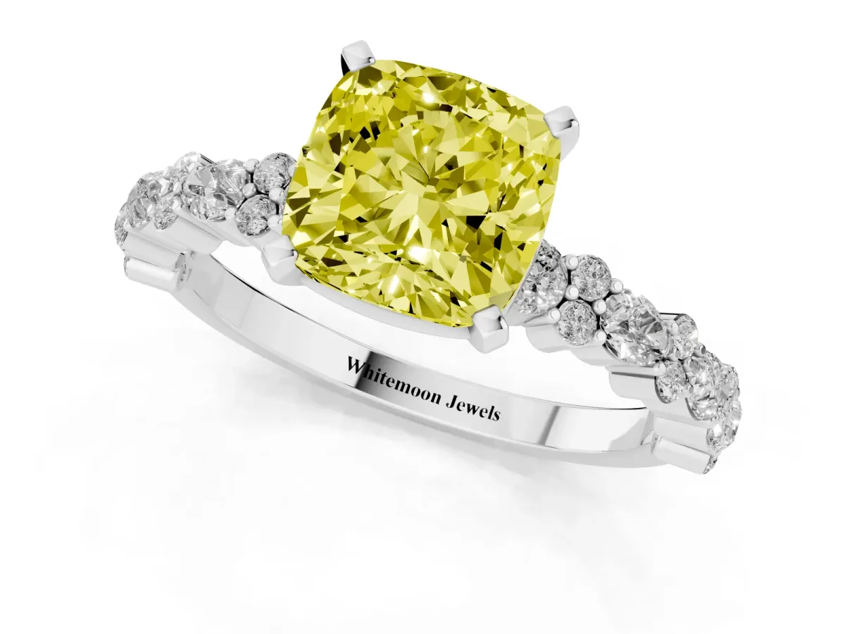 Fancy Yellow Cushion Cut Diamond Side Stone Solitaire Ring with Round and Four-Prong Setting Silver