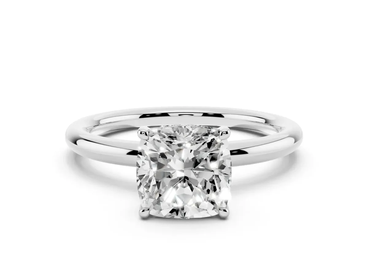 Cushion Cut Diamond Solitaire Ring with Thin Band and Four-Prong Setting Silver