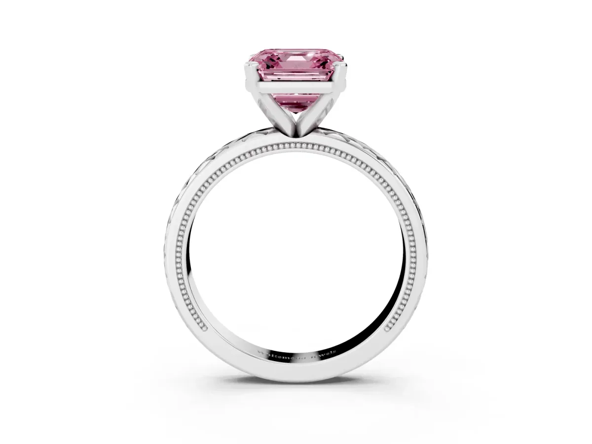 Fancy Pink Asscher Cut Solitaire Diamond Ring with Milgrain and Black Enamel X Pattern Band Silver