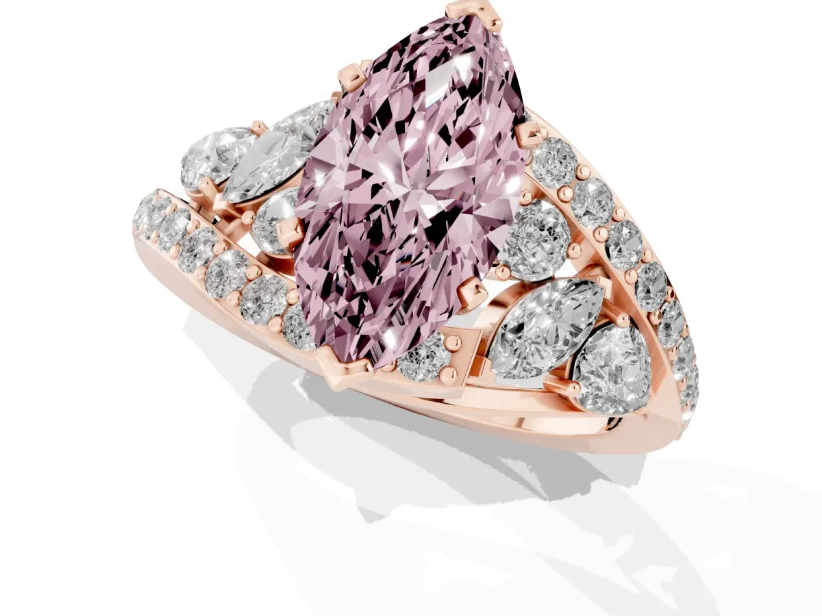 Fancy Pink Marquise Cut Diamond Halo Ring with Marquise and Pavé Band in Prong Setting Rose gold