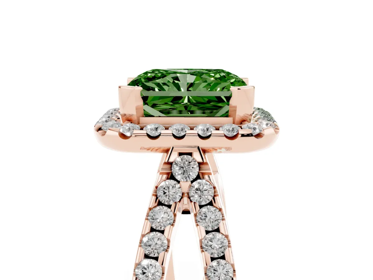 Fancy Green Radiant Cut Diamond Halo Ring with Split Shank Pavé Band and Prong Setting Rose gold