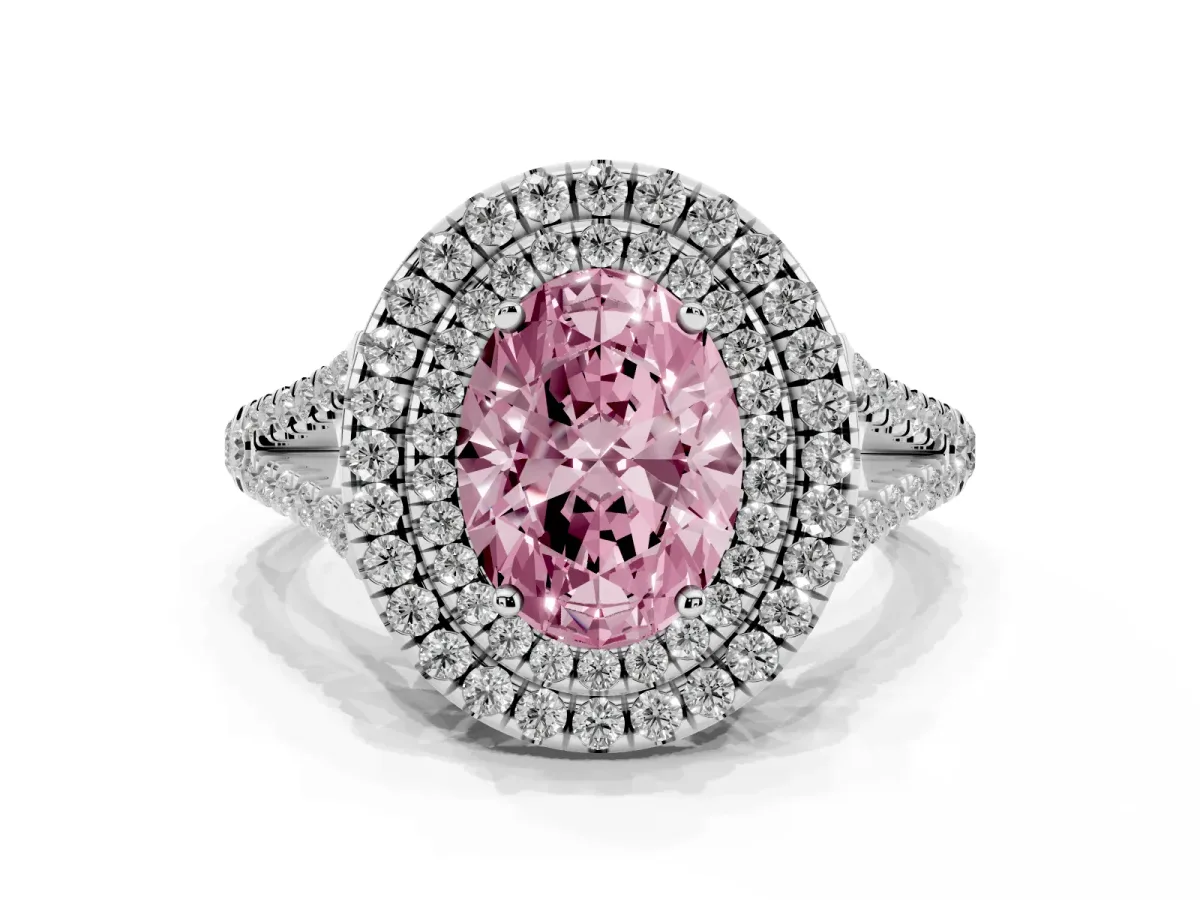 Fancy Pink Oval Cut Diamond Double Halo Ring with Pavé Band and Prong Setting Silver